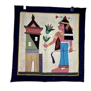 Vintage Egyptian Tapestry Hand Stitched Appliqué Square Wall Hanging 18" x 19"